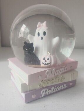 'Magic Spells Potions' Snow Globe W/ Ghost Black Cat And Pink Pumpkin Halloween